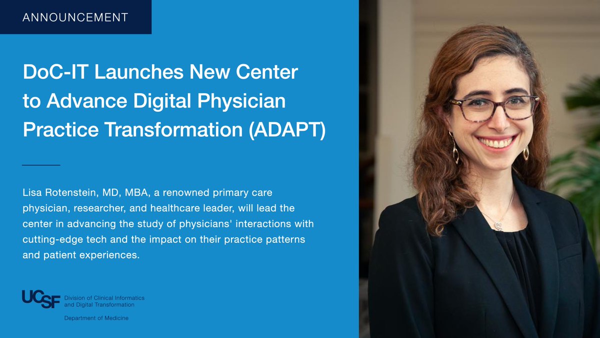 UCSF DoC-IT (@ucsf_docit) on Twitter photo 📢Announcement! UCSF DoC-IT has launched a new center to advance the understanding of how physicians’ interactions with technology shape practice patterns and patient experiences. <a href="/LisaRotenstein/">Lisa Rotenstein MD</a> has been named the center's inaugural director. Learn more: docit.ucsf.edu/news/ucsfs-doc… 📢Announcement! UCSF DoC-IT has launched a new center to advance the understanding of how physicians’ interactions with technology shape practice patterns and patient experiences. <a href="/LisaRotenstein/">Lisa Rotenstein MD</a> has been named the center's inaugural director. Learn more: docit.ucsf.edu/news/ucsfs-doc…