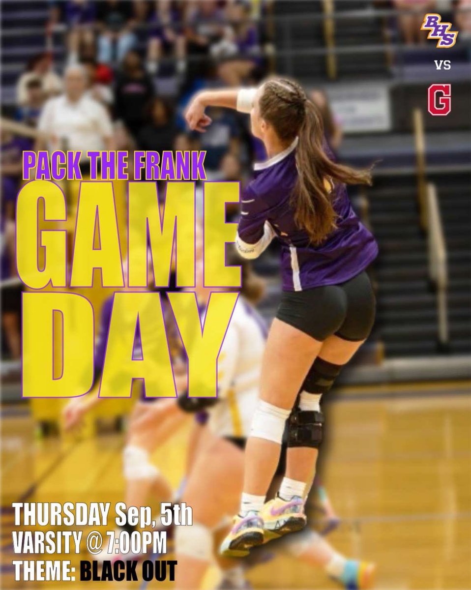 VOLLEYBALL GAME TONIGHT‼️‼️
Be There @7:00 at The Frank💜💛
VS Glenwood
THEME: BLACKOUT⚫️⚫️
#PACKTHEFRANK