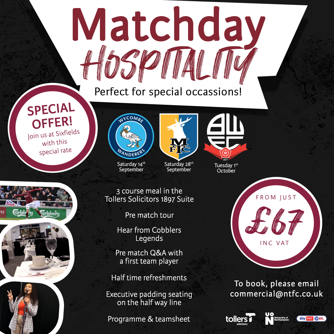 NTFCCommercial's tweet image. 🍽️ Join us for our matchday hospitality and enjoy our limited time special rate!
🤩 Enjoy a 3-course meal, exec seats on the half way line, pre and post match Q&A, programme and teamsheet plus more!
📲 To book, email commercial@ntfc.co.uk or call 01604 683734!
@ntfc