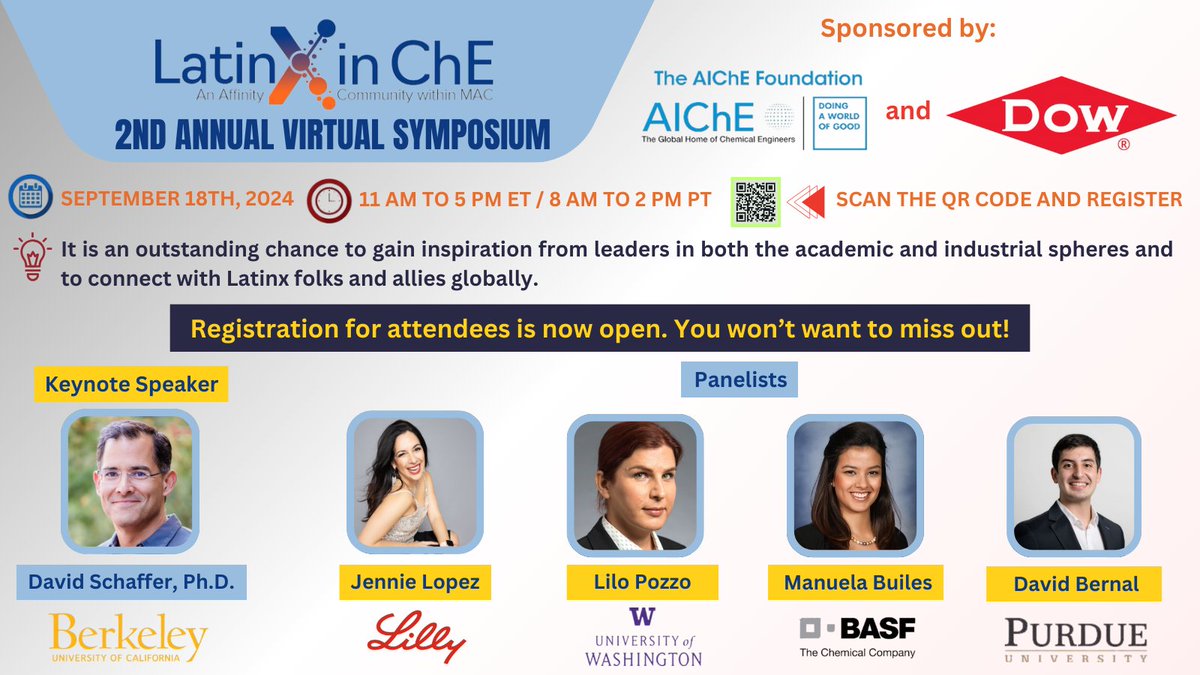 Registration is NOW OPEN for attendees! Join us for the 2nd Virtual Symposium of <a href="/LatinXinChE/">LatinX in ChE</a>. Register to receive the zoom link: lnkd.in/geY4f554 
🗓: Wed, Sep 18.
⏰: 11am-5pm ET / 8am-2pm PT.
📍: Zoom (online).
Stay tuned for the event schedule.