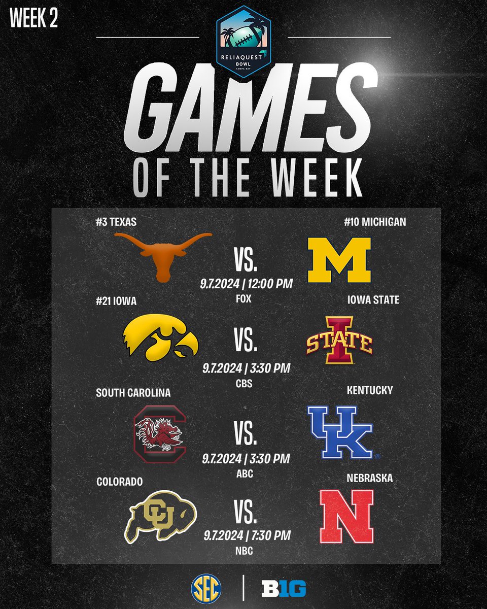 IT’S. GAME. TIME!  Week 2️⃣

Which games will you be watching? 🔥 

#ReliaQuest #MoreThanAGame #FootballInParadise #CFB #BowlSeason #cfb25 #TampaBay #TampaFlorida