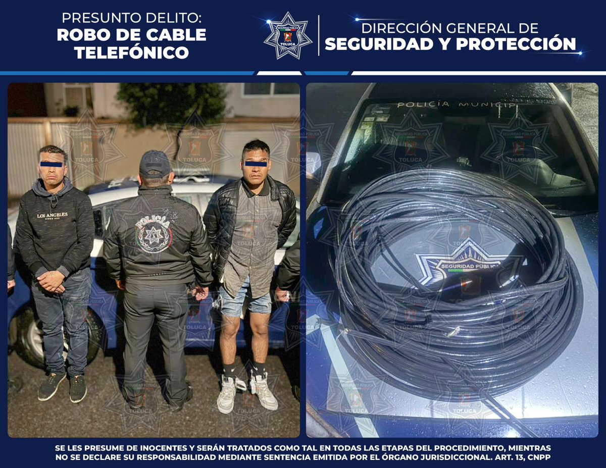 DIRECCIÓN GENERAL SEGURIDAD Y PROTECCIÓN DE TOLUCA (@seguridadtol) on Twitter photo Durante la implementación de el Operativo Volanta en calles de la Colonia Parques Nacionales, elementos de la #PolicíaMunicipal detuvieron a Mario “N” y Jonathan “N” quienes se encontraban cortando cable telefónico, al momento de su detención se les aseguro 150 metros de cable. Durante la implementación de el Operativo Volanta en calles de la Colonia Parques Nacionales, elementos de la #PolicíaMunicipal detuvieron a Mario “N” y Jonathan “N” quienes se encontraban cortando cable telefónico, al momento de su detención se les aseguro 150 metros de cable.