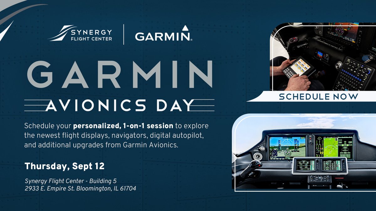 SynergyFBO's tweet photo. A 𝗳𝗲𝘄 𝘀𝗽𝗼𝘁𝘀 𝗮𝗿𝗲 𝗹𝗲𝗳𝘁 for Garmin Avionics Day on 9/12! Any model 🛩️ can be retrofit regardless of current systems. Explore flight displays, navigators, autopilot, &amp; more. Discounts available. Choose @GarminAviation and #flyGarmin at Synergy.

https://t.co/QuBq0P9Uit https://t.co/84HUI9kRWj