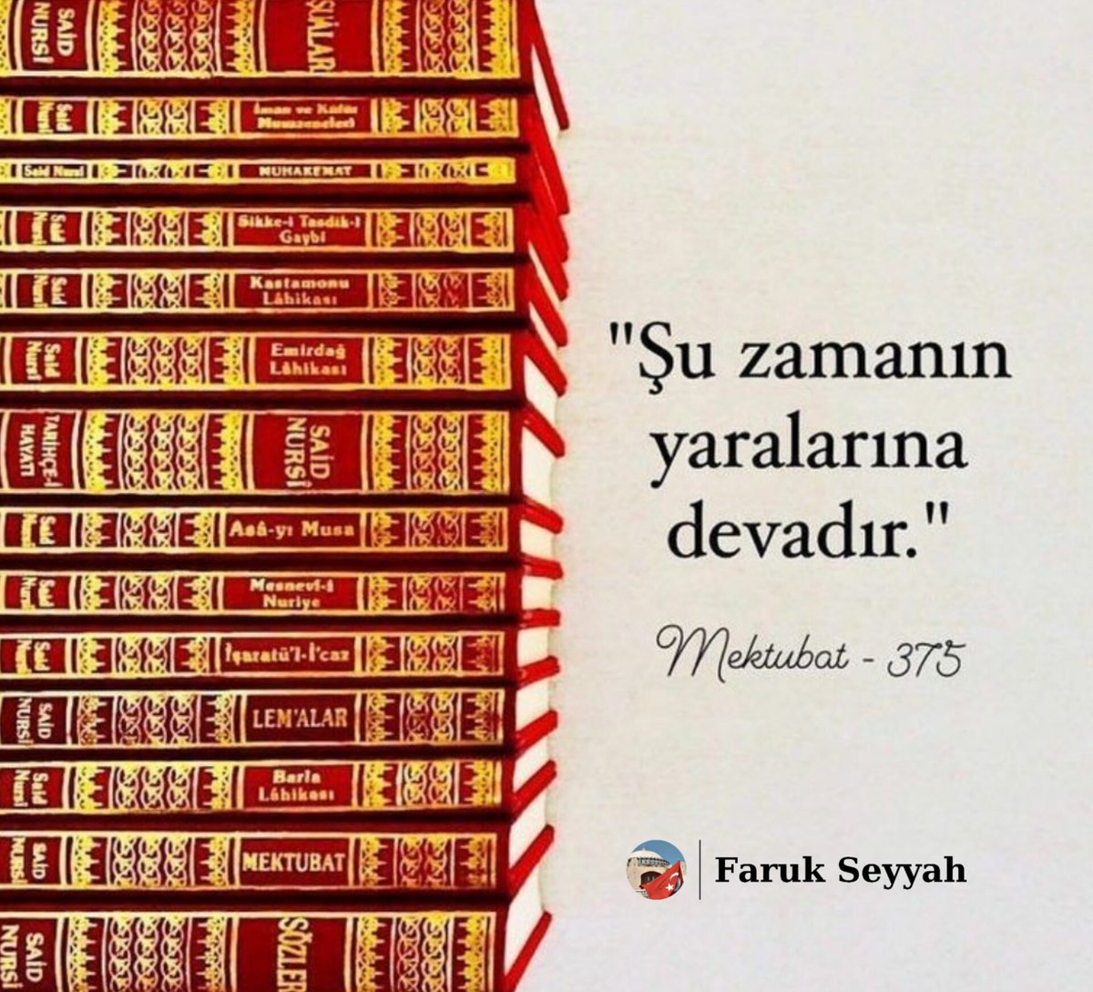 📢 RİSALE-İ NUR ÇEKİLİŞİ

Bu zamanın yaralarına bir deva mahiyetinde olan Risale-i Nur Külliyatından Mesnevî-i Nuriye kitabını bir takipçimize hediye ediyoruz.

Şartlar:
1- Bu gönderiyi beğenip paylaşmak.

2- <a href="/FarukSeyyah/">Risale-i Nur 2</a> hesabını takip etmek.