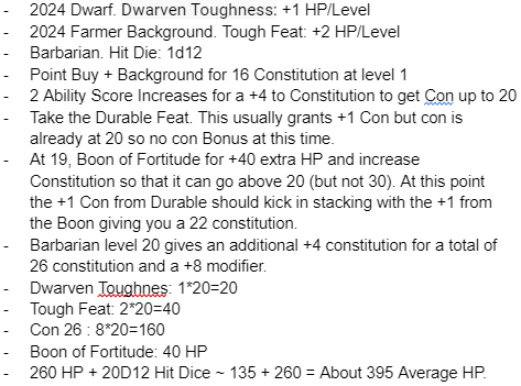 DiceFerDays's tweet photo. @ColbyPoulson I know you don't usually do up to lvl 19 - 20 builds, but I just found that it's possible to get up to a max of 500 HP at level 20...technically, if you potentially bend a few rules using an epic boon and manipulate your con score via ASI's and Durable. https://t.co/PI5fiJaUfK