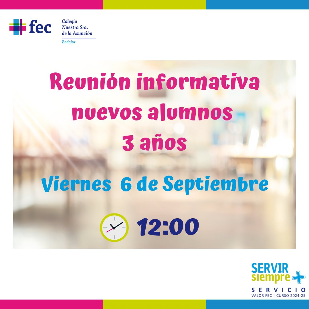 📢 Atención familias de 3 años de Educación Infantil.
🗓️ Viernes 6 de Septiembre.
🕛 12:00 horas.
¡Os esperamos en nuestro cole! 💖
#ColegiosFEC #NSA #EducaciónInfantil #3Años