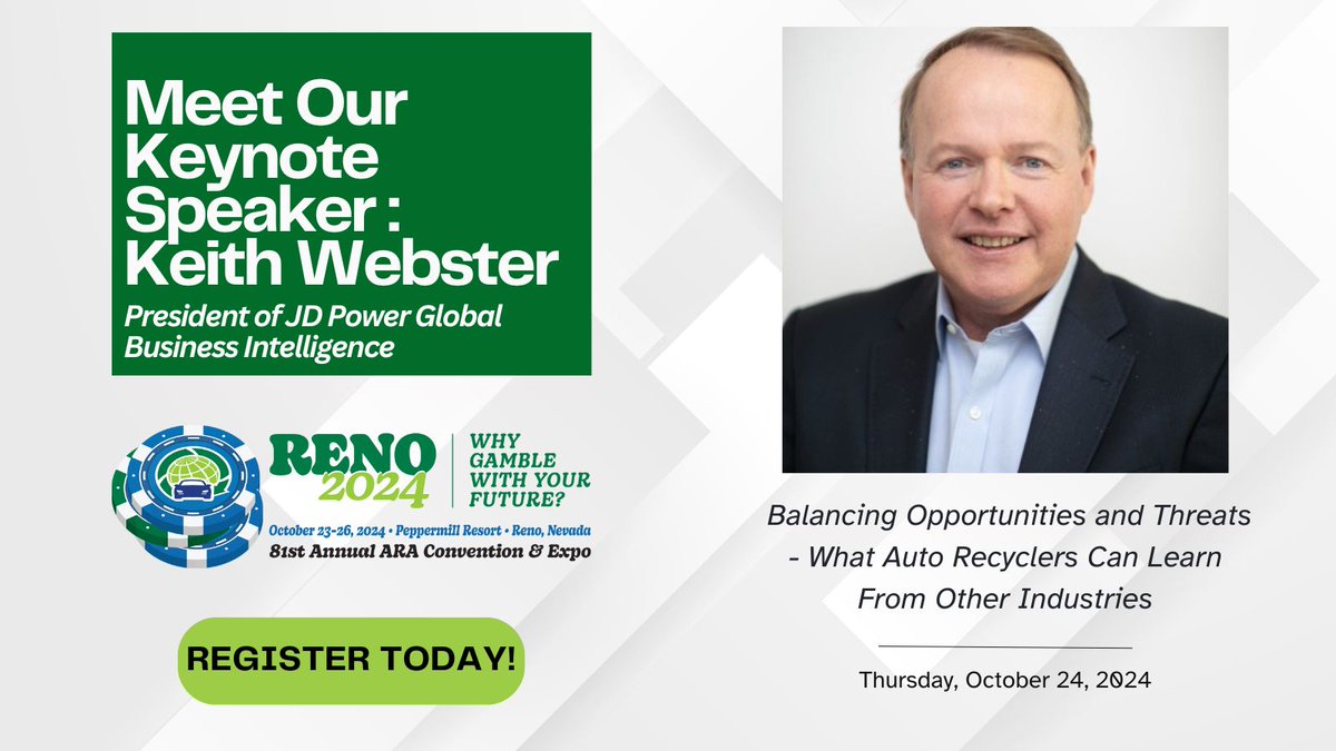 We’re excited to announce that Keith Webster, President of JD Power Global Business Intelligence, will be our Opening Keynote at ARA's 81st Annual Convention &amp; Expo! 🌟
This is a rare opportunity to hear from a true leader &amp; innovator in data &amp; analytics. See you in #Reno! 🎉