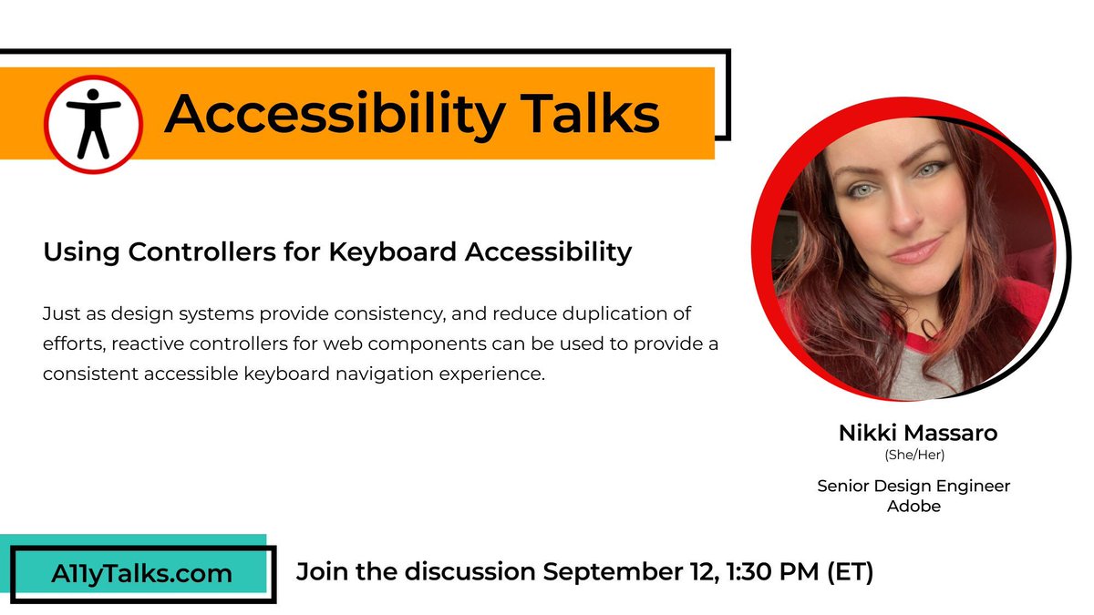 Coming in September: “Using Controllers for Keyboard Accessibility” with Nikki Massaro, Senior Design Engineer at Adobe.

Mark your calendars: September 12 at 1:30pm ET
a11ytalks.com/posts/2024-sep
#A11y #Accessibility #A11yTalks #InclusiveDesign #UXDesign #KeyboardNavigation