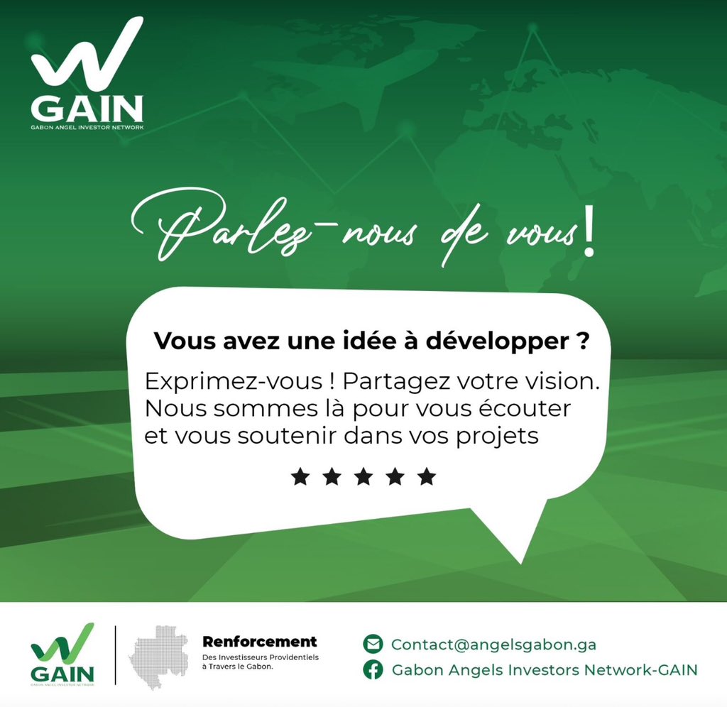 𝗣𝗔𝗥𝗟𝗘𝗭-𝗡𝗢𝗨𝗦 𝗗𝗘 𝗩𝗢𝗦 𝗗𝗘́𝗙𝗜𝗦 !
Vous avez une idée à développer qui vous tient à cœur, mais vous n'avez pas encore franchi le pas ? Vous voulez devenir business Angel? Contactez-nous sur 𝗰𝗼𝗻𝘁𝗮𝗰𝘁@𝗮𝗻𝗴𝗲𝗹𝘀𝗴𝗮𝗯𝗼𝗻.𝗴𝗮 ou angelsgabon.ga