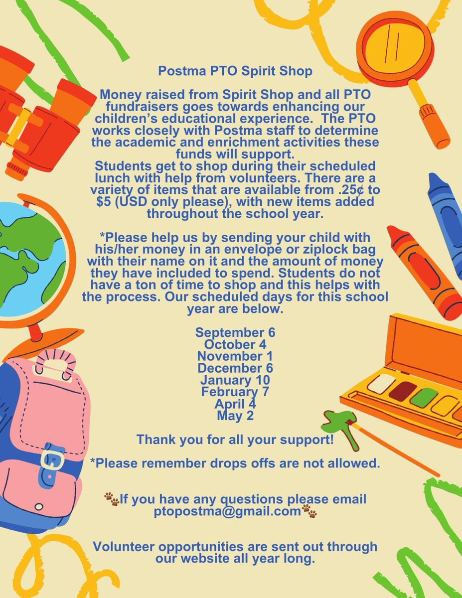 Our first Spirit Shop of the year is tomorrow, 9.6 during all lunches. Please see the flyers from Postma PTO. Thank you for supporting Postma! #pumapride