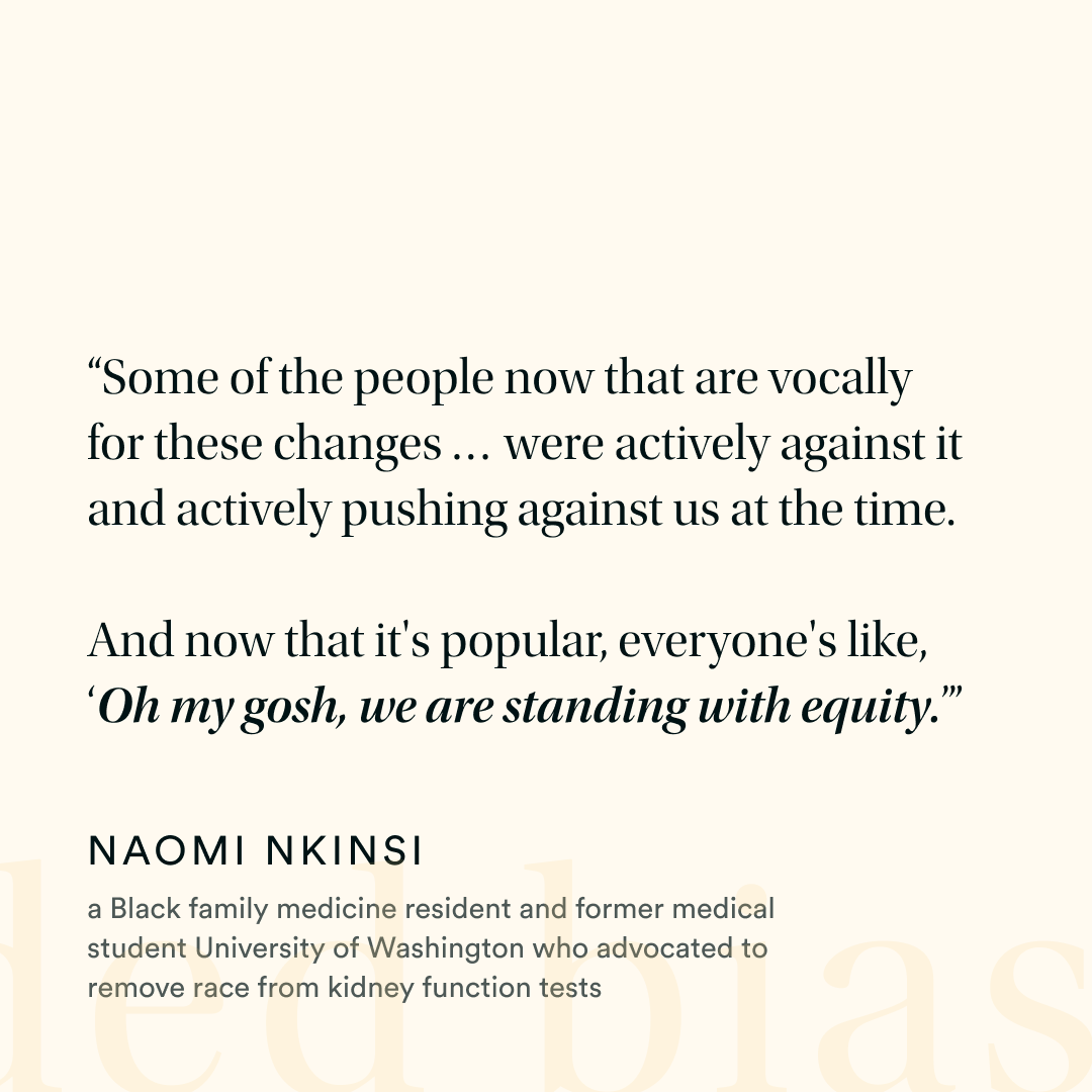 The process of removing race from kidney function tests was a messy and painful one. The issue of who deserves credit has remained a point of contention. @NNkinsi 

Read Part 3: trib.al/4KkS0nx