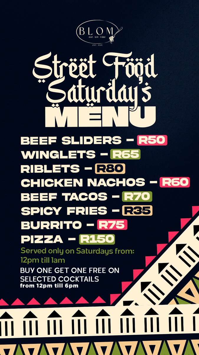 zaelitesolution's tweet photo. A Kasi Collabo to Create A Young Mingle…

Blom Lifestyle Restaurant presents Street Food Saturdays Curated by Dinho &amp; Friends to bring You a bigger and better way to Eat Sip ‘n Vibe together with Us.

#RoadToDinhoCafé
#DinhoCafé26Dec
#EatSipVibe
#ChefZa’ https://t.co/7mfsI9BbwD