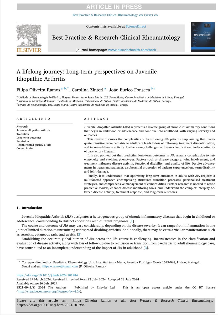 Proud to share our review on Long-term outcomes in Juvenile Idiopathic Arthritis. Now online! Grateful to all who contributed to this work!

A lifelong journey: Long-term perspectives on Juvenile Idiopathic Arth... sciencedirect.com/science/articl…