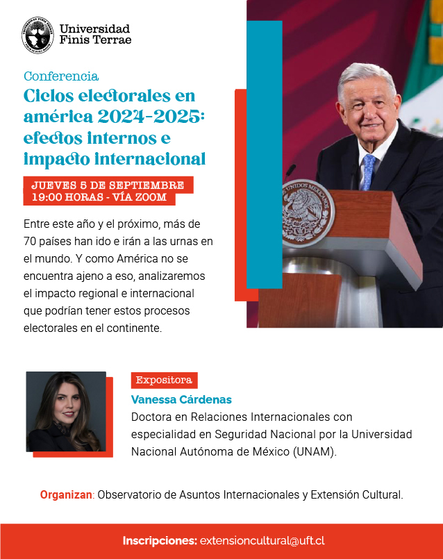ObsInterUFinisTerrae (@obsinteruft) on Twitter photo ¡Hoy! 🔔
Nuestra analista Vanessa Cárdenas expondrá sobre "Los ciclos electorales de américa 2024-2025: efectos internos e impacto internacional".
Inscríbete en: extensioncultural@uft.cl ¡Hoy! 🔔
Nuestra analista Vanessa Cárdenas expondrá sobre "Los ciclos electorales de américa 2024-2025: efectos internos e impacto internacional".
Inscríbete en: extensioncultural@uft.cl