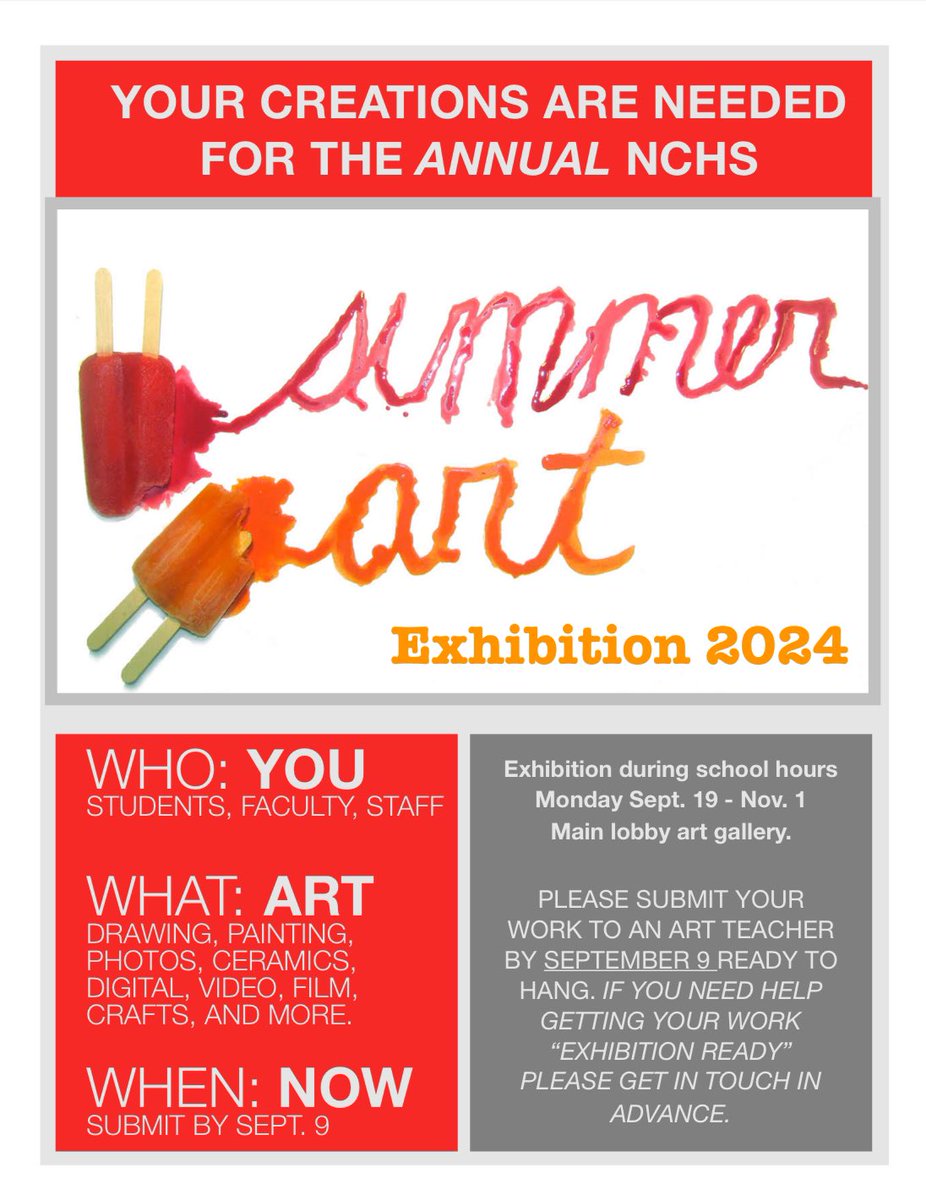 Calling all <a href="/NCHS_CT/">NCHS</a> students and staff! Submit your art to be exhibited in the summer art show!