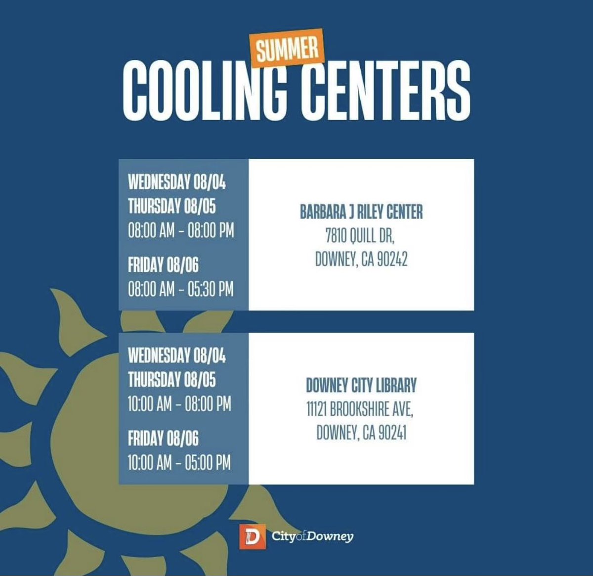 AsmPacheco's tweet image. #AD64 is experiencing dangerously hot conditions for the next few days. With temps over 100 degrees, remember to avoid strenuous outdoor activity, drink plenty of H2O and check on your pets! If you need a respite from the heat, cooling centers are open across the district. ⬇️