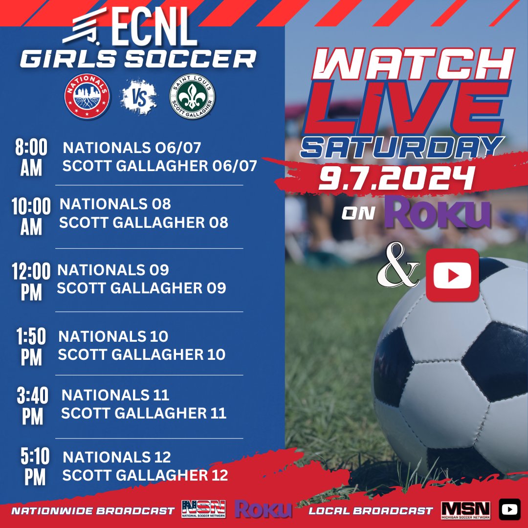 Michigan Soccer Network (@misoccernetwork) on Twitter photo BROADCAST ANNOUNCEMENT!
We will be LIVE streaming all of the <a href="/NationalsGA/">Nationals Girls Academy</a> this Saturday as they take on <a href="/SLSGSoccerClub/">Scott Gallagher Soccer Club</a> grab your morning ☕️ and join us starting at 8 AM.
You watch live on @youtube
youtube.com/@MICHIGANSOCCE…
or <a href="/natsoccertv/">National Soccer Network</a> on ROKU
live.nationalsoccernetwork.com BROADCAST ANNOUNCEMENT!
We will be LIVE streaming all of the <a href="/NationalsGA/">Nationals Girls Academy</a> this Saturday as they take on <a href="/SLSGSoccerClub/">Scott Gallagher Soccer Club</a> grab your morning ☕️ and join us starting at 8 AM.
You watch live on @youtube
youtube.com/@MICHIGANSOCCE…
or <a href="/natsoccertv/">National Soccer Network</a> on ROKU
live.nationalsoccernetwork.com