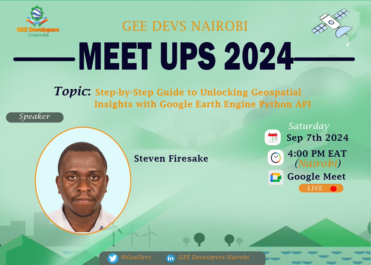 Nicholas (@nicmsn2) on Twitter photo Step-by-Step Guide to Unlocking Geospatial Insights with Google Earth Engine Python API
Date: Saturday, Sep 7th ·
Time: 4:00 PM EAT( Nairobi)
Meet Link: meet.google.com/dut-oryt-zkp
#earthobservation <a href="/googleearth/">Google Earth</a> <a href="/EarthOutreach/">Google Earth Outreach</a> @geoworldmedia <a href="/geospatial_py/">Geospatial Python</a> <a href="/NASAEarth/">NASA Earth</a> <a href="/esa/">European Space Agency</a> Step-by-Step Guide to Unlocking Geospatial Insights with Google Earth Engine Python API
Date: Saturday, Sep 7th ·
Time: 4:00 PM EAT( Nairobi)
Meet Link: meet.google.com/dut-oryt-zkp
#earthobservation <a href="/googleearth/">Google Earth</a> <a href="/EarthOutreach/">Google Earth Outreach</a> @geoworldmedia <a href="/geospatial_py/">Geospatial Python</a> <a href="/NASAEarth/">NASA Earth</a> <a href="/esa/">European Space Agency</a>