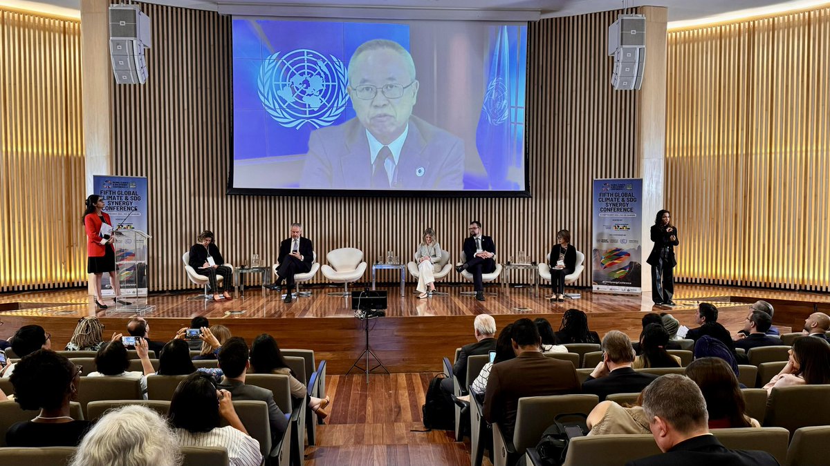 SustDev's tweet photo. The 5th Global Climate & SDG Synergies Conference opened with a high-level session including speeches from UN DSG @AminaJMohammed, @UN_PGA Dennis Francis, @Li_Junh & @simonstiell ๐ addressing the path to a just & sustainable world. #FifthSynergyConference https://t.co/S6NctS64ne
