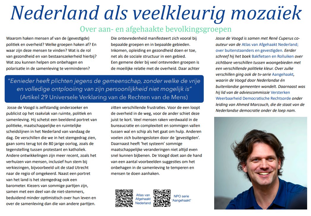 Lezing op 16/09. Openbaar toegankelijk. Gemeentehuis Bunnik, in Odijk, 19:30. Georganiseerd door de Coalitie voor de Mensenrechten. Over Nederland als veelkleurig mozaïek en af- &amp; aanhaken.