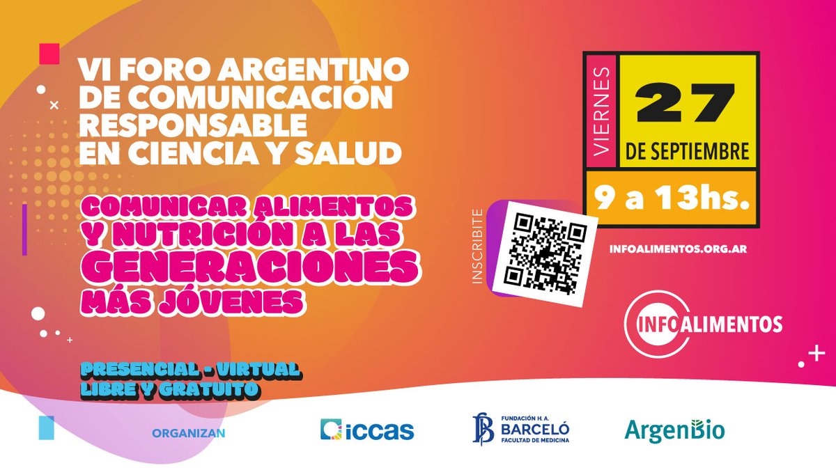 📢 ¡No te pierdas el VI Foro Argentino de Comunicación Responsable en Ciencia y Salud! 🌱🧠

📍 Modalidad: Presencial y virtual (¡Libre y gratuito!)

🔗 Inscribite ahora a través del código QR o ingresando a infoalimentos.org.ar. ¡No te quedes afuera!
