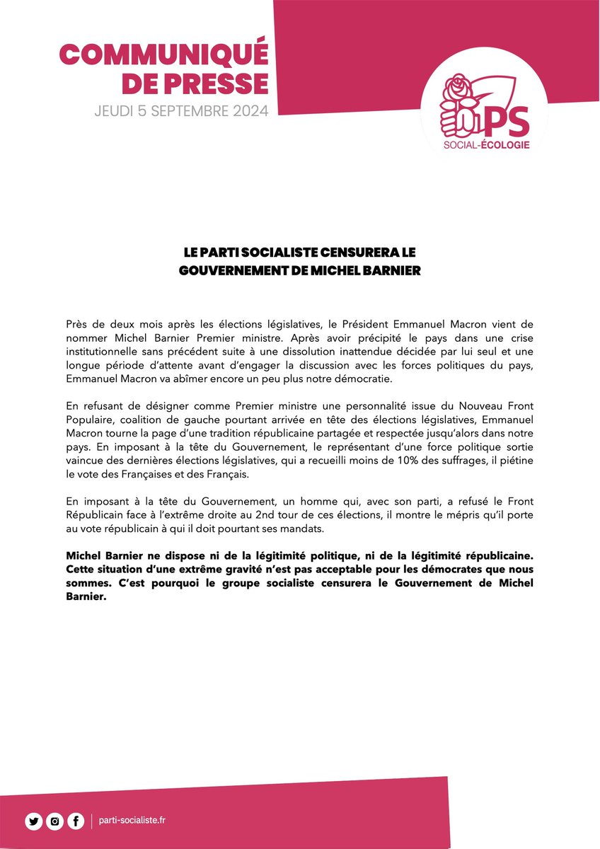 ps_fede64's tweet photo. Aux législatives les Français ont porté la Gauche en tête  et se sont unis pour faire barrage au RN. 
E. Macron a décidé de nommer un 1er ministre qui mènera une politique toujours plus à droite avec l'arbitrage complice du RN. 
Nos députés censureront ce déni démocratique. https://t.co/OOiDe8AUTJ