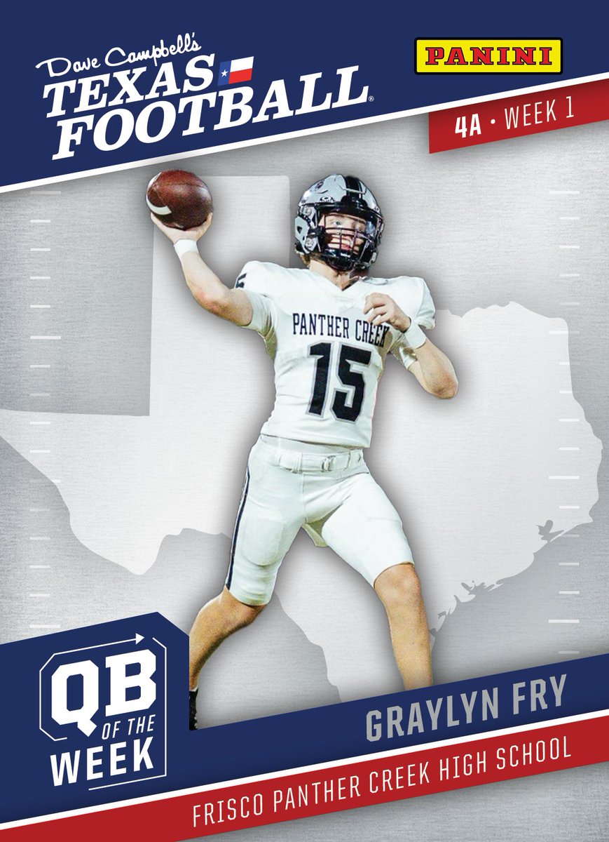 Introducing our Week 1 #TXHSFB 4A Quarterback of the Week presented by <a href="/PaniniAmerica/">Panini America</a>: <a href="/GraylynFry/">Graylyn Fry</a> from <a href="/PCHSfriscoFB/">Panther Creek Football Recruiting</a>!

<a href="/PCHSFrisco/">Panther Creek High School</a> | <a href="/PantherCreekAth/">Panther Creek Athletics</a> | <a href="/clintsurratt/">Clint Surratt</a> | #dctf #whodoyoucollect