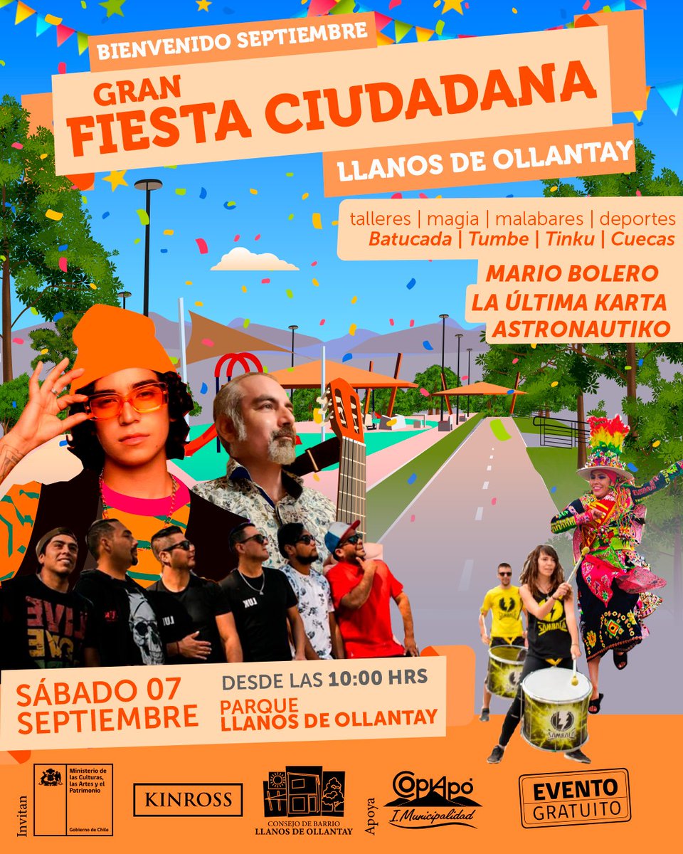 ¡En Kinross ya estamos preparados para la Fiesta Ciudadana Llanos de Ollantay! 🎉🌟

🗓️ Sábado 07 de septiembre
🕐 Desde las 10:00 horas
📍 Parque Llanos de Ollantay, Copiapó

#KinrossChile #CulturaAtacama #FiestaCiudadana #Copiapó #ComprometidosConAtacama