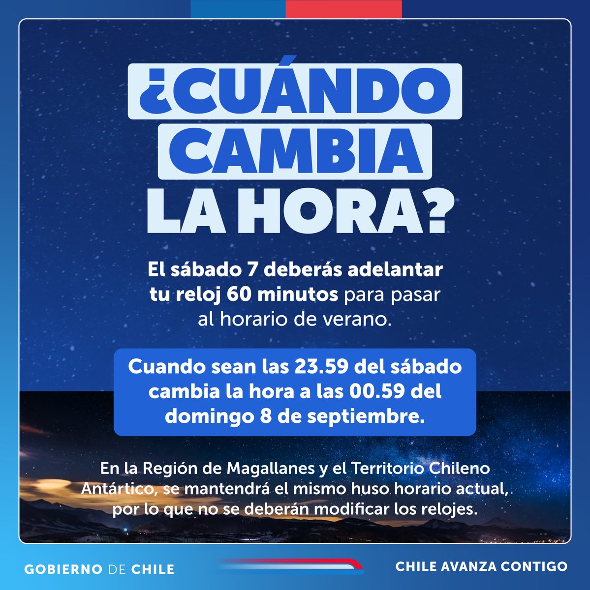Veranistas, ya casi es hora… 

Queda menos para adelantar los relojes 60 minutos y pasar al horario de verano ☀️⏰

Recuerda que en muchos artefactos electrónicos el cambio es automático.