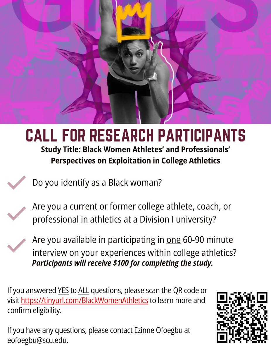 ‼️ CALL FOR PARTICIPANTS ‼️

Excited to launch my study exploring Black women’s experiences with and perspectives on exploitation in Division I college athletics.

Please share and visit tinyurl.com/BlackWomenAthl… for more info!