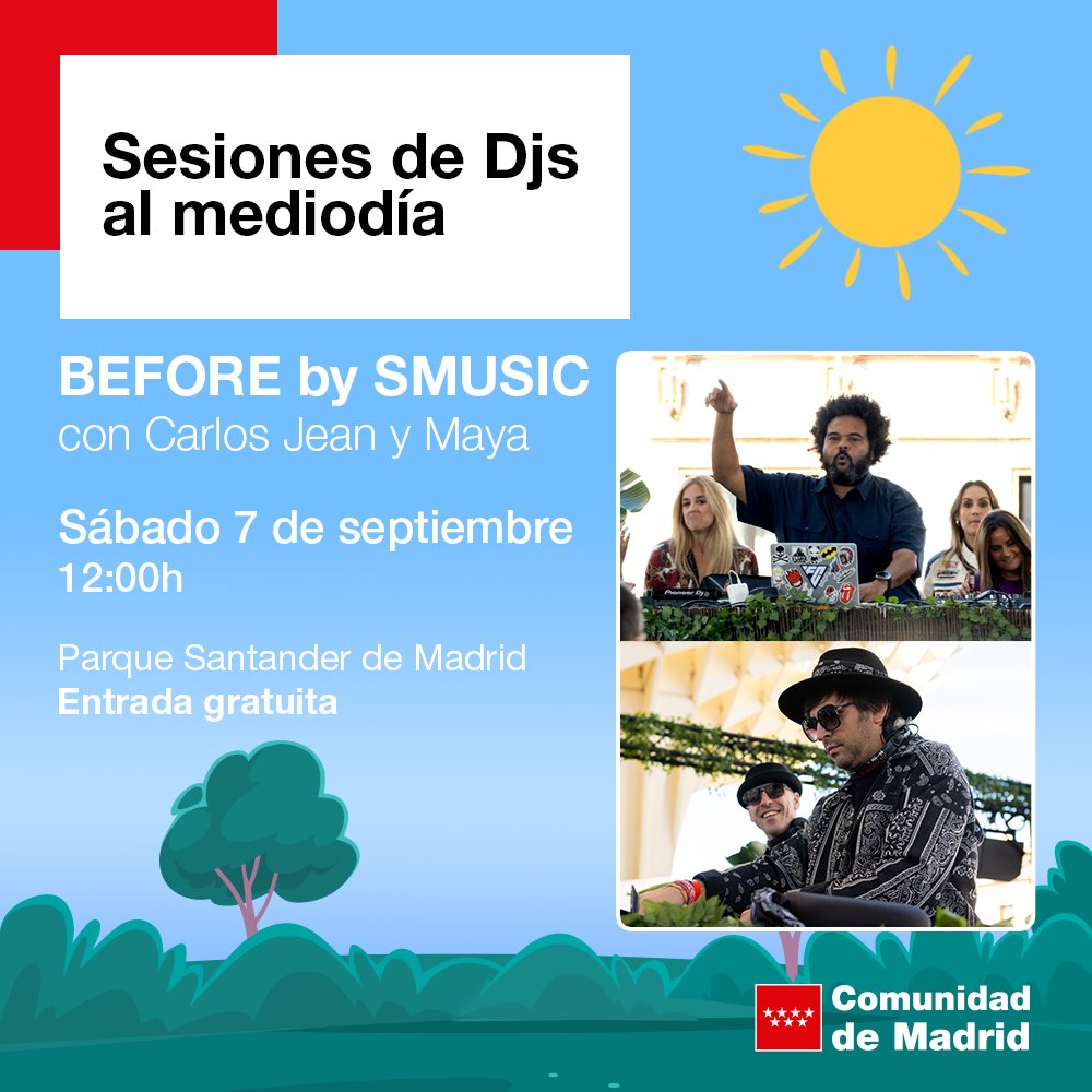 Cultura▪️Comunidad de Madrid (@culturacmadrid) on Twitter photo 📽️ La <a href="/ComunidadMadrid/">Comunidad de Madrid</a> presenta sus sesiones de Djs al mediodía en el Parque Santander para toda la familia.
📆 Este sábado, 7 de septiembre, con <a href="/carlosjean/">Carlos Jean</a> y #Maya, a partir de las 12:00 horas, con entrada gratuita.
#MadridEsCultura 📽️ La <a href="/ComunidadMadrid/">Comunidad de Madrid</a> presenta sus sesiones de Djs al mediodía en el Parque Santander para toda la familia.
📆 Este sábado, 7 de septiembre, con <a href="/carlosjean/">Carlos Jean</a> y #Maya, a partir de las 12:00 horas, con entrada gratuita.
#MadridEsCultura