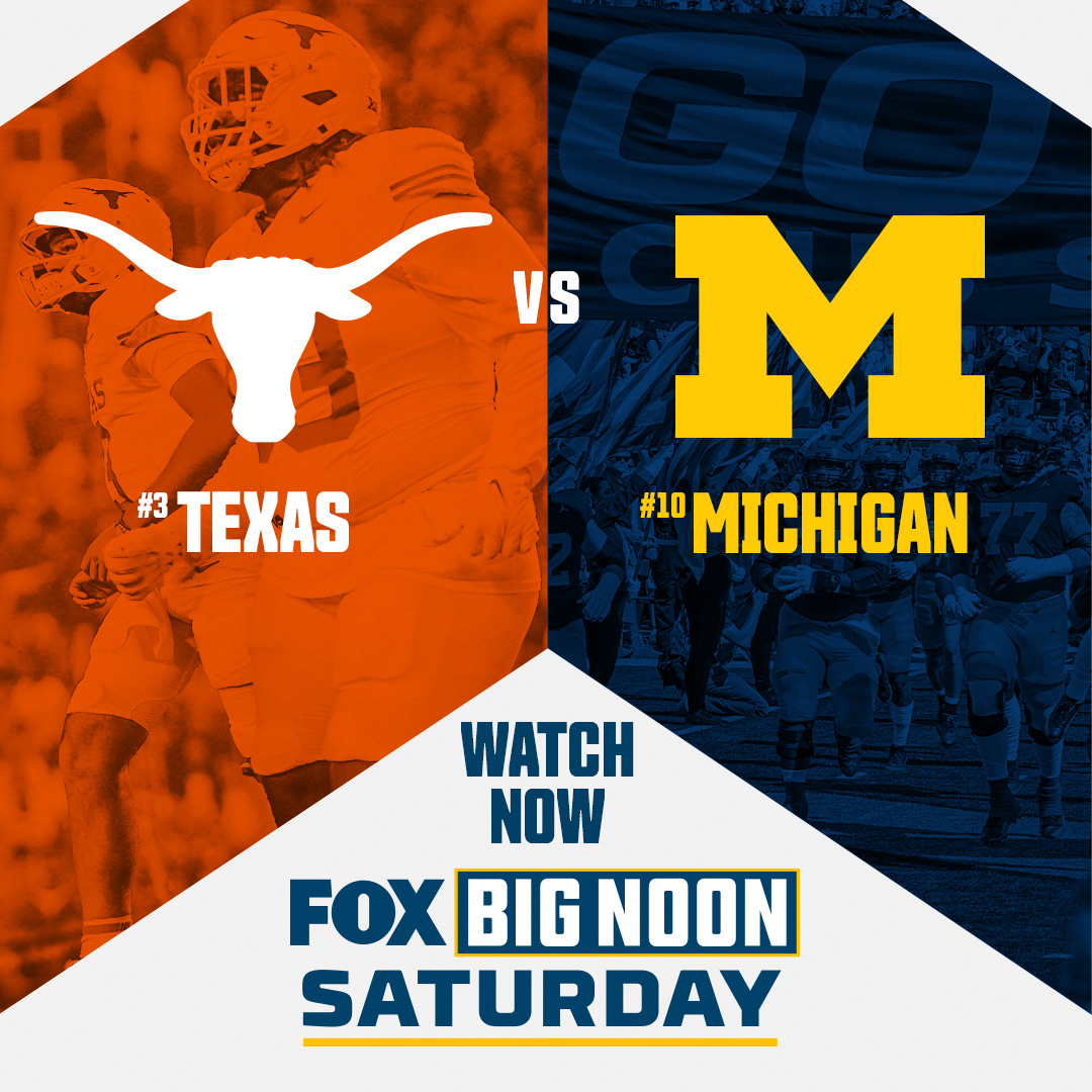 CFBONFOX's tweet photo. 🏈 Texas #3 vs. Michigan #10  is happening RIGHT NOW! 

❤️ this tweet if you're watching live and don’t miss a moment this season #BigNoonSaturday
