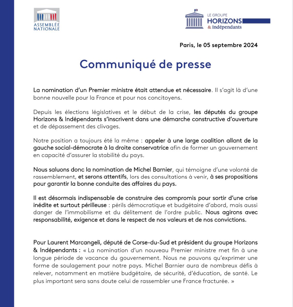 Retrouvez la réaction des députés #Horizons &amp; Indépendants à la nomination de <a href="/MichelBarnier/">Michel Barnier</a> en tant que #PremierMinistre ⬇️