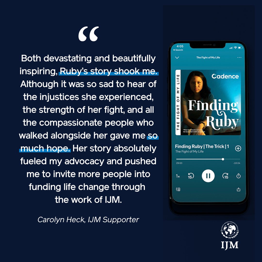 IJM's tweet image. Ruby’s story is a testament to the resilience of the human spirit and the power of community. 

Together, we can bring hope &amp;amp; transformation to those who need it most. Listen to the #FindingRuby at  ijm.org/fight.

#fighttothefinish #untilallarefree