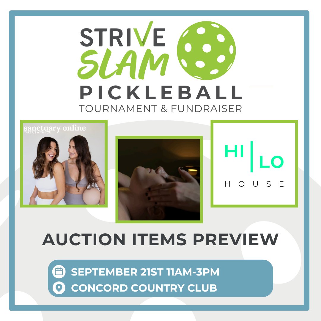Register for the Strive Slam or support us virtually via our online auction on 9/20 &amp; 9/21! Upcoming auction items: a One Year Virtual Pilates Membership to the Sanctuary App, an Intuitive Holistic Facial at Bath House, and a 5-Class Pack at HiLo House.