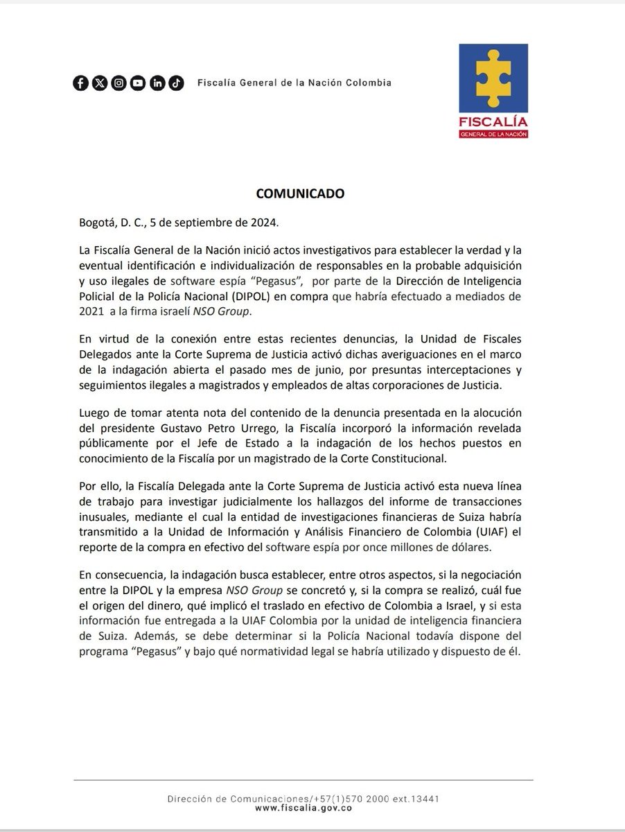 FiscaliaCol's tweet image. La #Fiscalía General de la Nación emprendió acciones investigativas para determinar eventuales responsabilidades penales en la adquisición y uso ilegal del software espía 'Pegasus'. Por conexidad, las asumió la Unidad de Fiscales Delegados ante la Corte Suprema de Justicia en