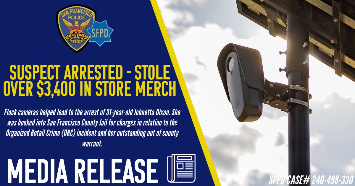 San Francisco Police (@sfpd) on Twitter photo Flock camera busts suspect who stole over $3,400 in store merchandise!
Suspect arrested after store security guard observes license plate, <a href="/Flock_Safety/">Flock Safety</a> catches license plate, and <a href="/SFPDBayview/">SFPD Bayview Station</a> Sergeant locates vehicle and detains suspect without further incident. Well done! ➡️ Flock camera busts suspect who stole over $3,400 in store merchandise!
Suspect arrested after store security guard observes license plate, <a href="/Flock_Safety/">Flock Safety</a> catches license plate, and <a href="/SFPDBayview/">SFPD Bayview Station</a> Sergeant locates vehicle and detains suspect without further incident. Well done! ➡️