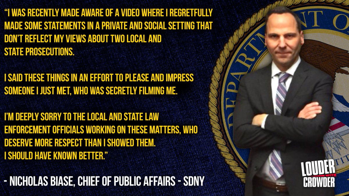 Steven Crowder (@scrowder) on Twitter photo 🚨BREAKING UPDATE: <a href="/TheJusticeDept/">U.S. Department of Justice</a> <a href="/SDNYnews/">US Attorney SDNY</a> Chief of Public Affairs Nick Biase has officially responded
Biase claims his statements caught on <a href="/LWCmugclub/">LWC MugClub</a> undercover video do not reflect his actual views 🚨BREAKING UPDATE: <a href="/TheJusticeDept/">U.S. Department of Justice</a> <a href="/SDNYnews/">US Attorney SDNY</a> Chief of Public Affairs Nick Biase has officially responded
Biase claims his statements caught on <a href="/LWCmugclub/">LWC MugClub</a> undercover video do not reflect his actual views