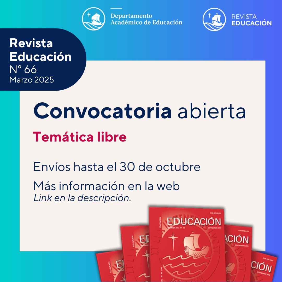 RevEducaPUCP's tweet photo. Anunciamos que está abierta la convocatoria de manuscritos para el N° 66, marzo 2025 de nuestra #RevistaEducación 📕
- Fecha de cierre: 30 de octubre del 2024
- Para más información revisa las normas para autores en la web:
https://t.co/PO9aP9Vc6j https://t.co/gbWoLc2r5U