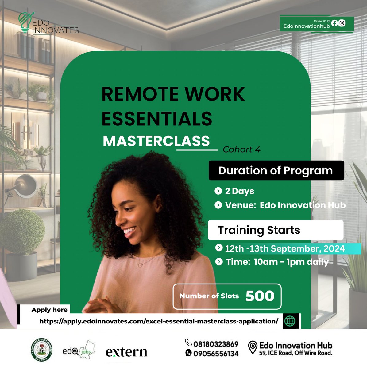 EdoHub's tweet photo. Join us at Edo Innovates for the 4th Cohort of our FREE 2-DAYS Remote Work Essentials Masterclass.
Date: 12th - 13th September, 2024
Time: 10am - 1pm daily
Register at:- https://t.co/srHqhFQoH8
#EdoInnovates
#RemoteWork
#TechMasterclass
#EdoInnovatesMasterclass https://t.co/DygmusG0IH