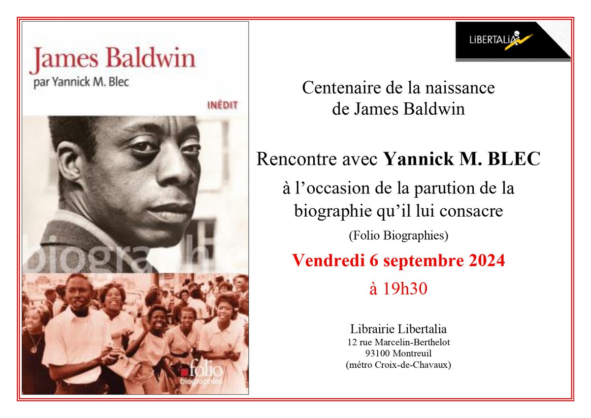 yannickblec's tweet photo. J'aurai le plaisir de vous rencontrer demain, vendredi 6 septembre, à partir de 19h30 à la @LibertaliaLivre  pour parler de mon livre, "James Baldwin", paru aux @editionsfolio dans la collection #FolioBiographie.
Merci à Nicolas et Florent pour l'invitation ! https://t.co/x7piuVVPFO