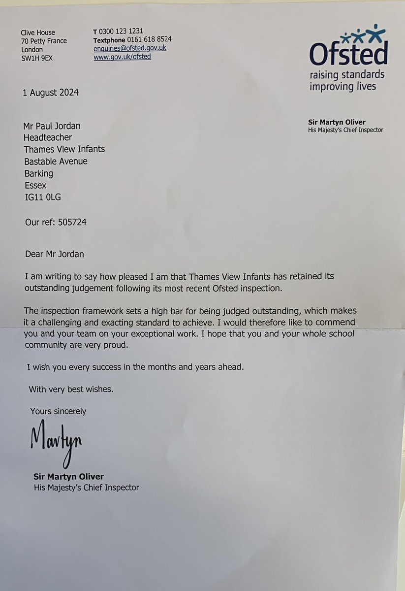 TVInfants's tweet photo. Over the holiday this lovely letter arrived from Ofsted! https://t.co/G5cLfyCZq0