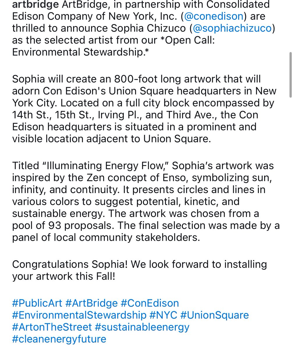 ArtBridge, in partnership with Consolidated Edison Company of New York, Inc. (<a href="/conedison/">Con Edison</a>) are thrilled to announce Sophia Chizuco (<a href="/sophiachizuco/">Sophia Chizuco</a>) as the selected artist from our *Open Call:
Environmental Stewardship.*