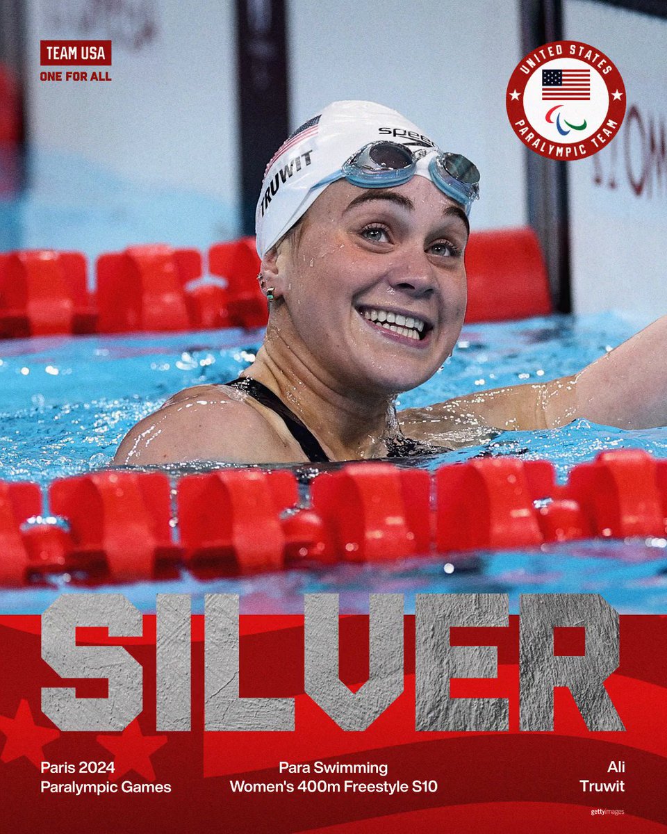 A SILVER MEDAL IN HER PARALYMPIC DEBUT! 🥈

Ali Truwit wins her first Paralympic medal with an American record 4:31.39 in the women's 400m freestyle S10.

#ParisParalympics