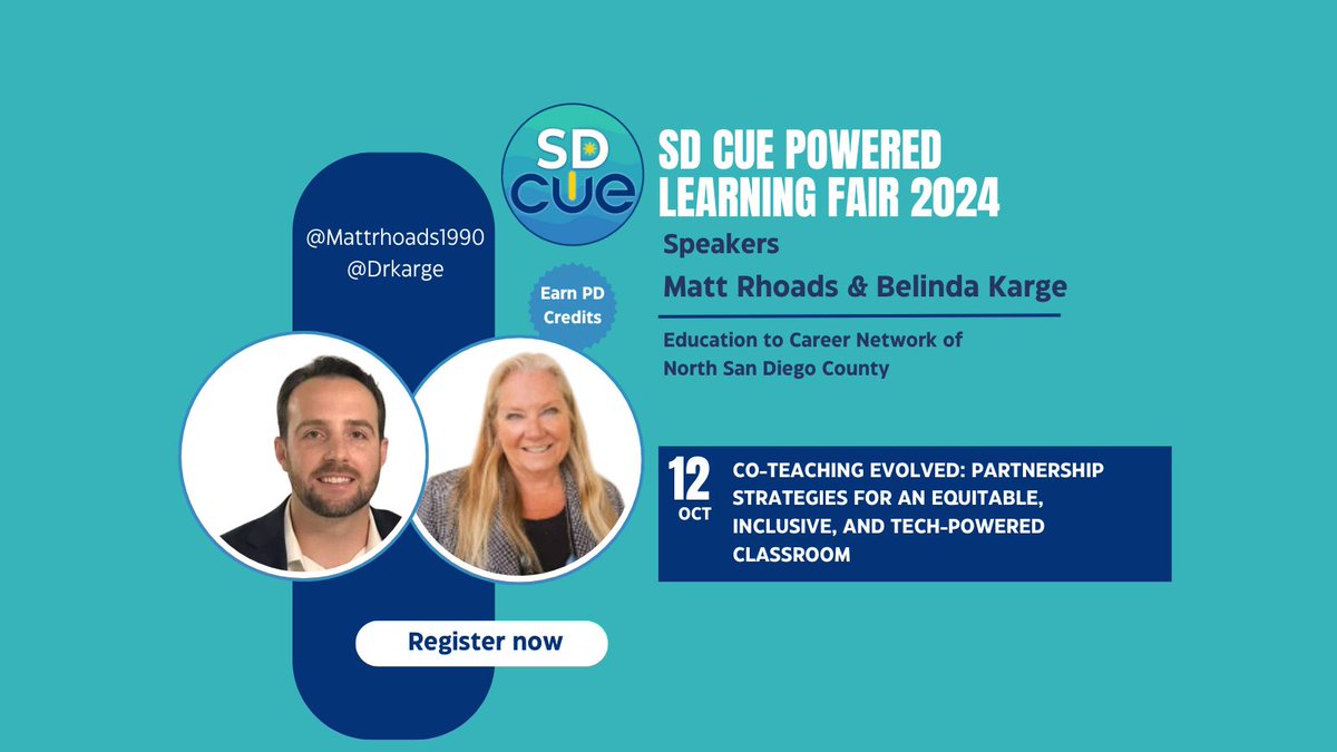 SanDiego_CUE's tweet image. .@Mattrhoads1990 and @DrKarge from the Education to Career Network of North San Diego County, are speaking at the #SDCUE PL Fair! @CUEinc
Register today - bit.ly/sdcue24