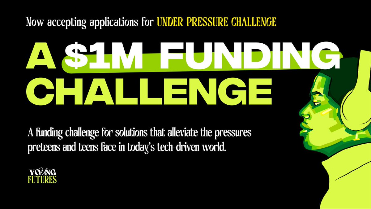 YoungFutures (@theyoungfutures) on Twitter photo Know a nonprofit that's making a difference? Tag someone! Our "Under Pressure" Funding Challenge is open—let's find solutions for the pressures of growing up in a digital world. Apply by October 1st, 2024. 🔗  bit.ly/YFUnderPressur… #UnderPressure #FundingChallenge Know a nonprofit that's making a difference? Tag someone! Our "Under Pressure" Funding Challenge is open—let's find solutions for the pressures of growing up in a digital world. Apply by October 1st, 2024. 🔗  bit.ly/YFUnderPressur… #UnderPressure #FundingChallenge