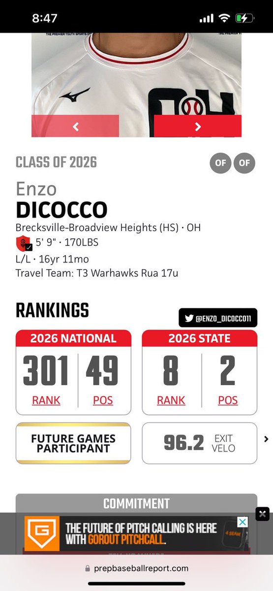 Premier OH Kacirek 2029 (Scott Kacirek-Head Coach) (@skacirek) on Twitter photo Congratulations to <a href="/enzo_dicocco11/">Enzo DiCocco</a> on improving to #8 in Ohio and #301 Nationally for the Class of 2026!
Years of hard work and your dedication to reaching your goals is a lot to be proud of!
<a href="/premierath/">Premier Ohio Baseball</a> <a href="/weldyprep/">Kyle Weldon</a> <a href="/PrepBaseballOH/">Prep Baseball Ohio</a> <a href="/prepbaseball/">Prep Baseball</a> <a href="/PrepBaseOHScout/">Prep Baseball Ohio Scouting Coverage</a> Congratulations to <a href="/enzo_dicocco11/">Enzo DiCocco</a> on improving to #8 in Ohio and #301 Nationally for the Class of 2026!
Years of hard work and your dedication to reaching your goals is a lot to be proud of!
<a href="/premierath/">Premier Ohio Baseball</a> <a href="/weldyprep/">Kyle Weldon</a> <a href="/PrepBaseballOH/">Prep Baseball Ohio</a> <a href="/prepbaseball/">Prep Baseball</a> <a href="/PrepBaseOHScout/">Prep Baseball Ohio Scouting Coverage</a>