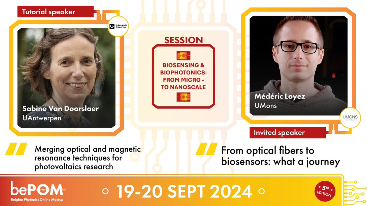 Topic 2/4: #Biosensing &amp; #Biophotonics: From micro- to nanoscale In session 2 of #bePOM2024, Sabine Van Doorslaer and Mederic Loyez will talk about #ORT, #MRT for #photovoltaics, #fiber biosensors, and not only.
Register by the 7th of September bepom.org/registration