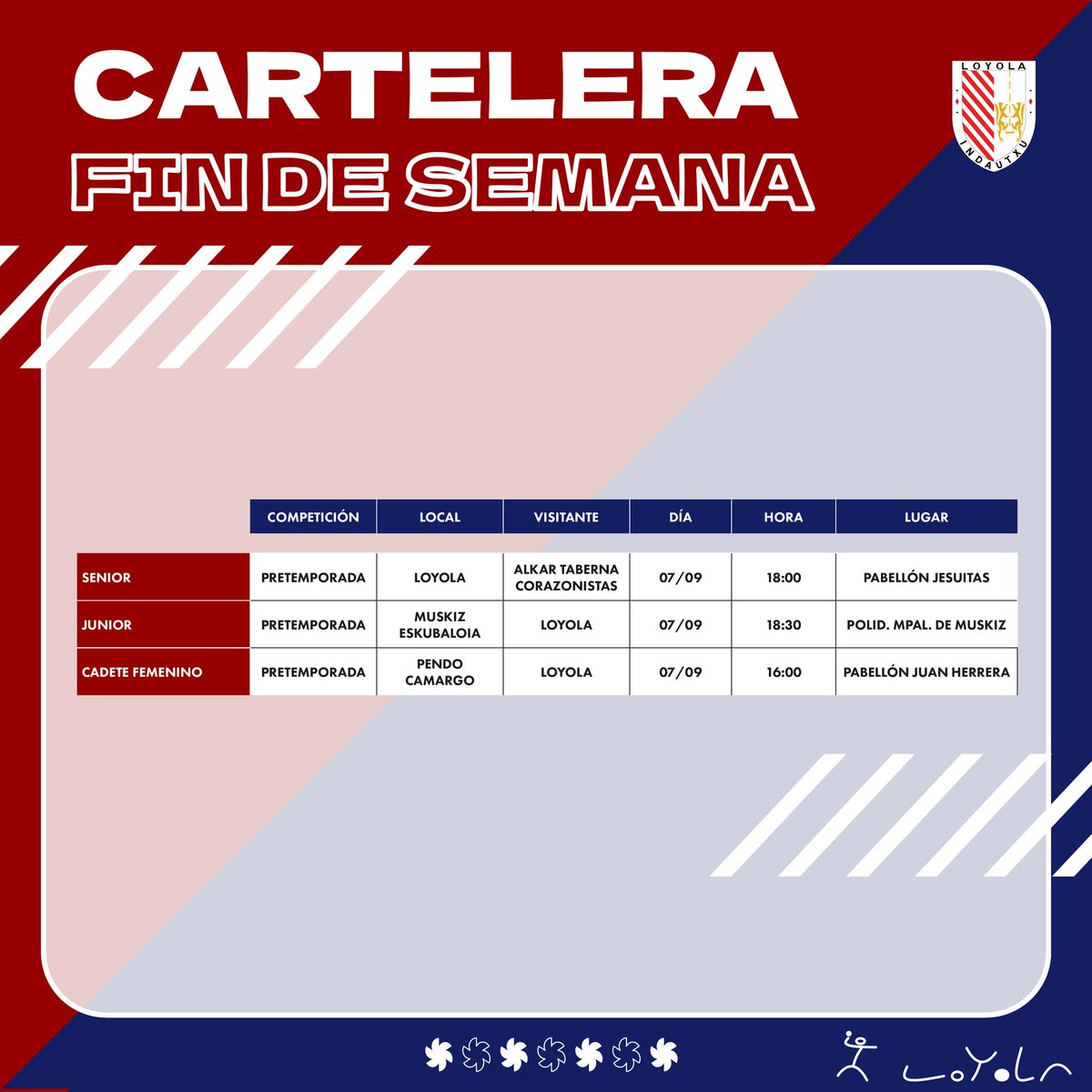 🗓️ #CARTELERAFINDESEMANA

¡VOLVEMOS A LAS ANDADAS!

Aquí os dejamos la cartelera de este fin de semana. Mucha suerte a todos los equipos en su primeros partidos de pretemporada.

¡A darlo todo y a disfrutar! 💪🏻💪🏻🤾 ♥️💙