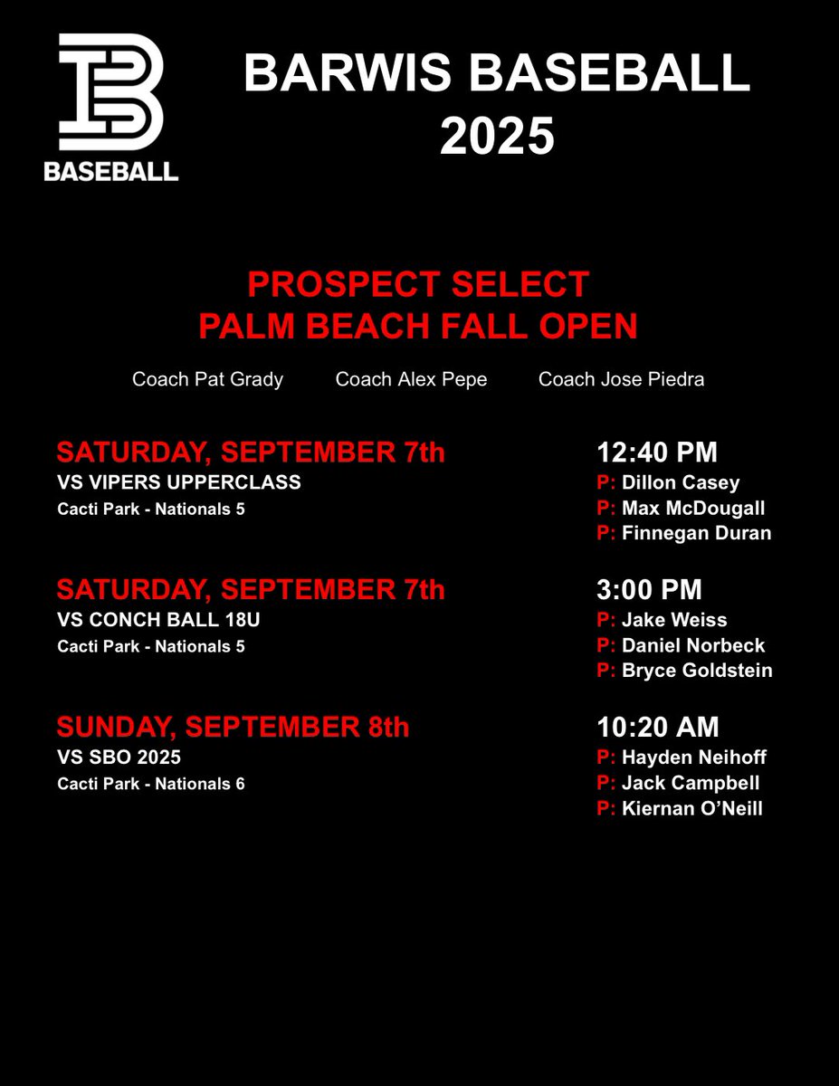 Our schedule and pitching rotation is set for this weekend <a href="/PSBaseballinc/">Prospect Select</a> Palm Beach Fall Open💪💪